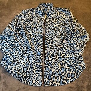 Michael Kors Womens XL Cheetah Print Zipper Front Shirt Jacket Blue Black